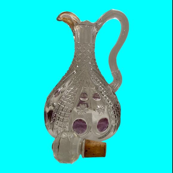 Vtg EAPG Glass Vinegar-Oil Cruet, Stopper Cranberry Flash Pitcher Dimple & Star - Picture 13 of 16